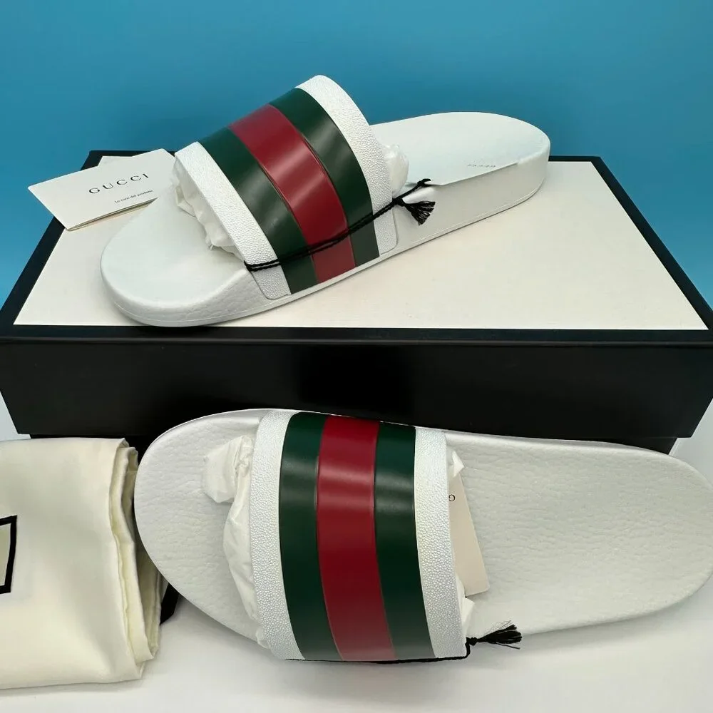 Gucci Men's Pursuit Pool Rubber Slides Sandal, Size‎ 7G/US 7.5, White/Red/Green